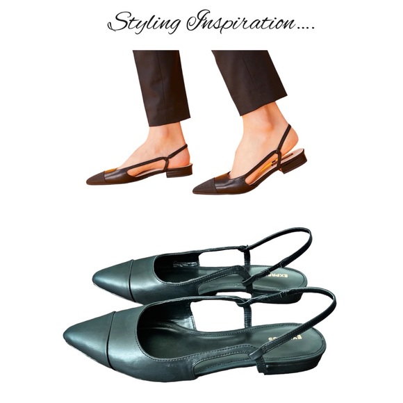 Black Cap Toe Ballet Slingback Flats with Pointed Toe - Picture 2 of 11